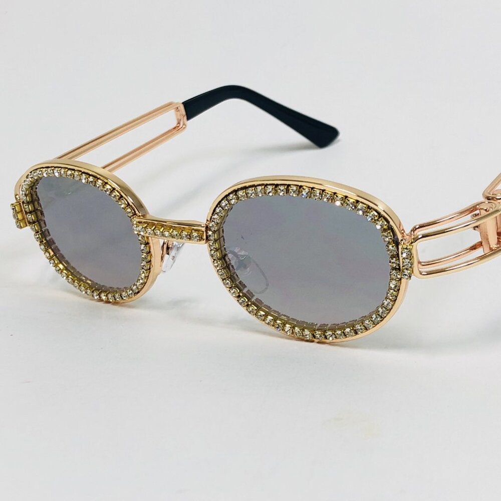 Oval Silver Mirror Lens Men Diamond Sunglasses Square Gold Frame Hip Hop Style